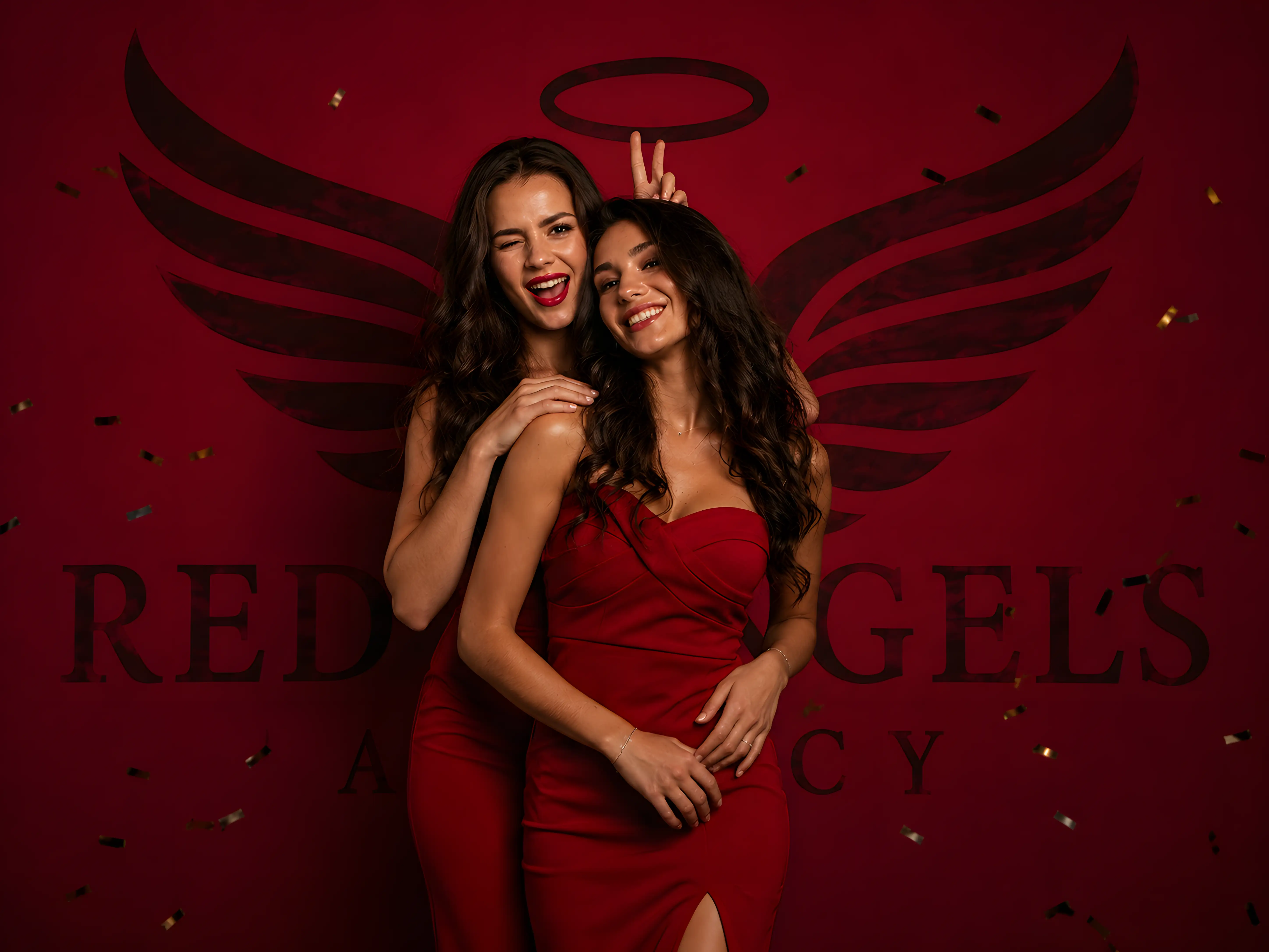 Vizual de brand Red Angels: două modele în rochii roșii sub logo-ul cu aripi și aureolă pictat pe perete